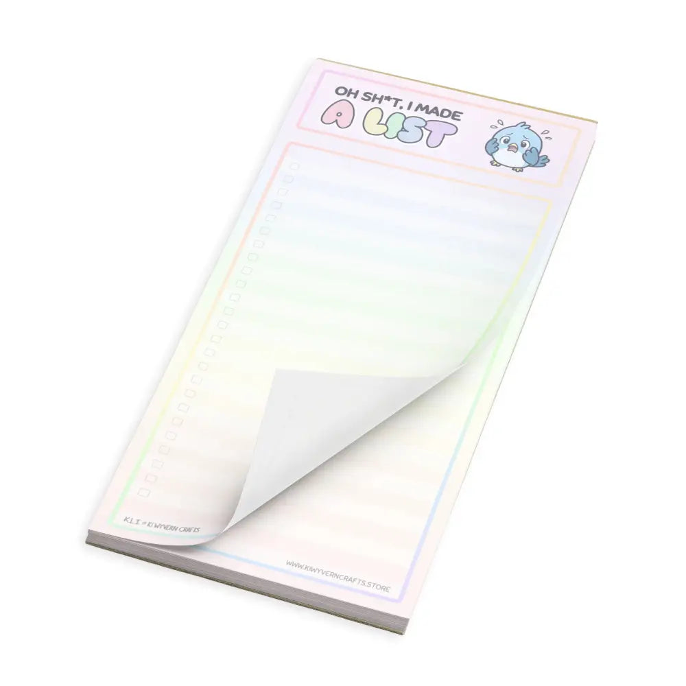 A product mockup of a notepad formatted with narrow lines and faint checkboxes against a white background. The title says "Oh Sh*t, I made a List". It features a panicking bluebird to the right of the title.