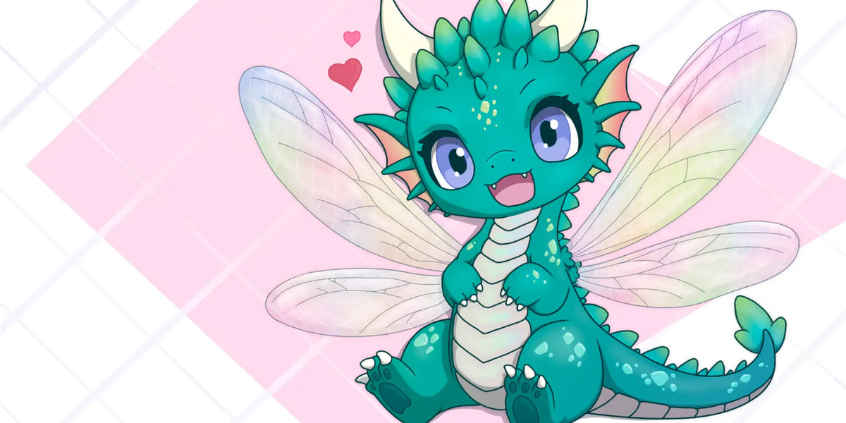 A cute teal dragon with translucent rainbow dragonfly wings, spiky green scales, and big blue eyes.