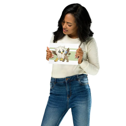 A product mockup of a 5x7" print being held by a pretty woman. The print features Echo the Griffin.